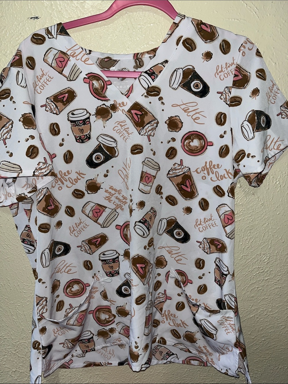 Coffee Print Scrub Top in White with Pink & Brown Accents